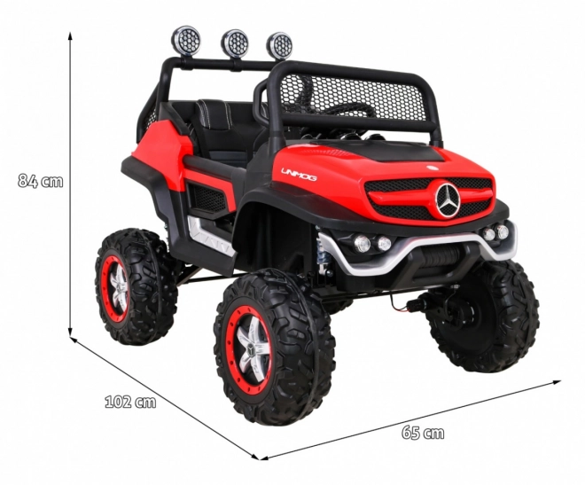 Mercedes Benz Unimog für Kinder Rot + 4x4 + Fernbedienung + Gepäckträger + langsamer Start + MP3 LED