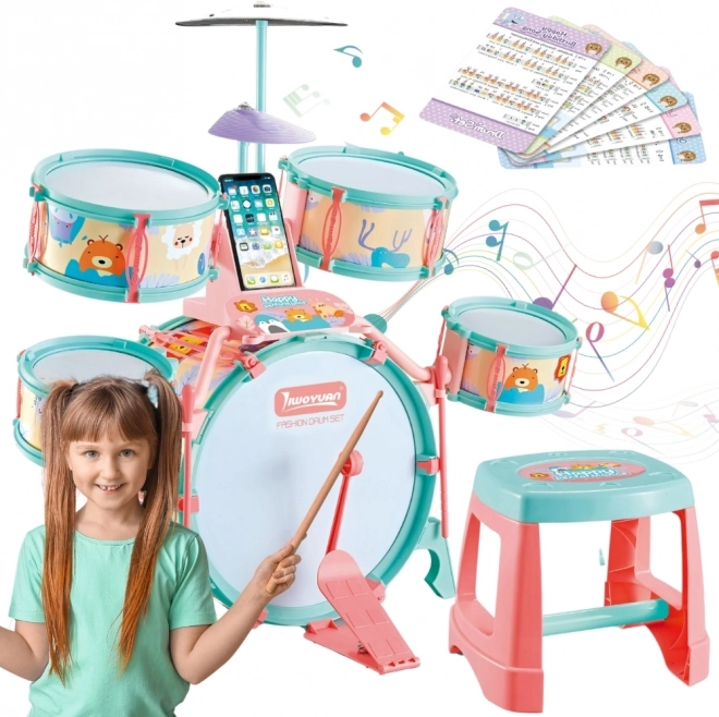 Woopie Kinder-Lern-Schlagzeug 5 Trommeln und 1 Becken mit Hocker mit Tiermotiv