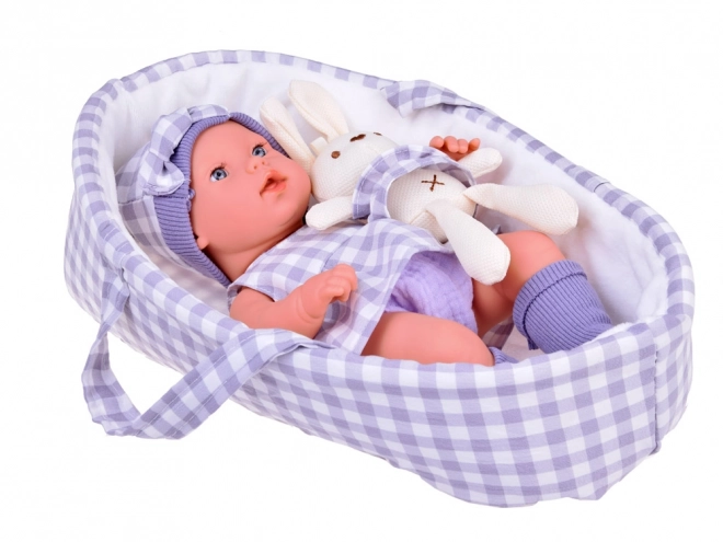 Baby Puppe mit Grauer Mütze und Kaninchen Spielzeug