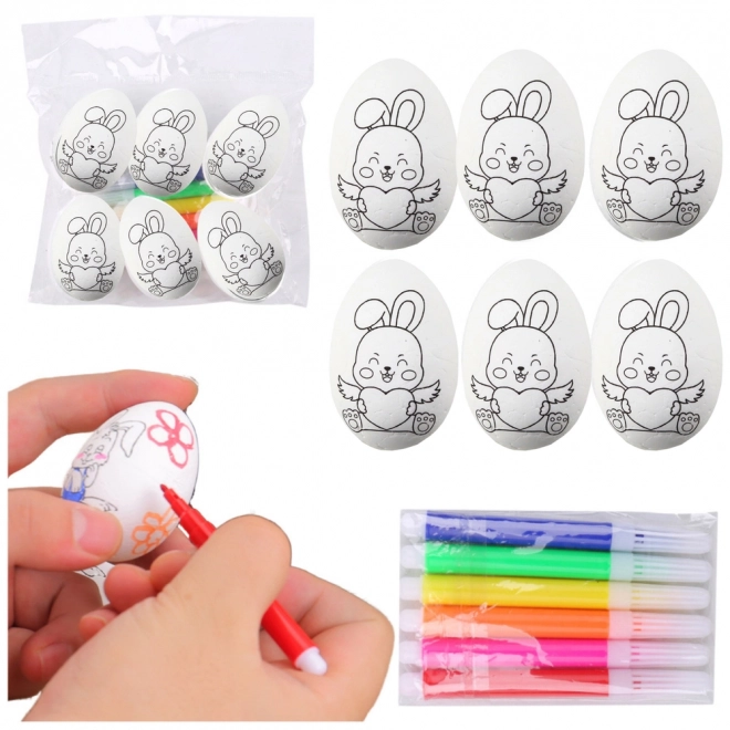 Styropor Ostereier zum Bemalen mit Motiv Hase und Filzstiften, 6er-Set
