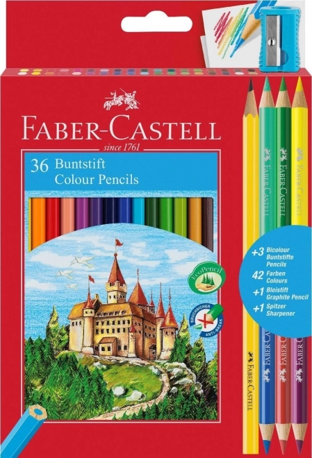 Faber-Castell Buntstifte Set 36 Stück mit Spitzmaschine und Duo-Buntstiften