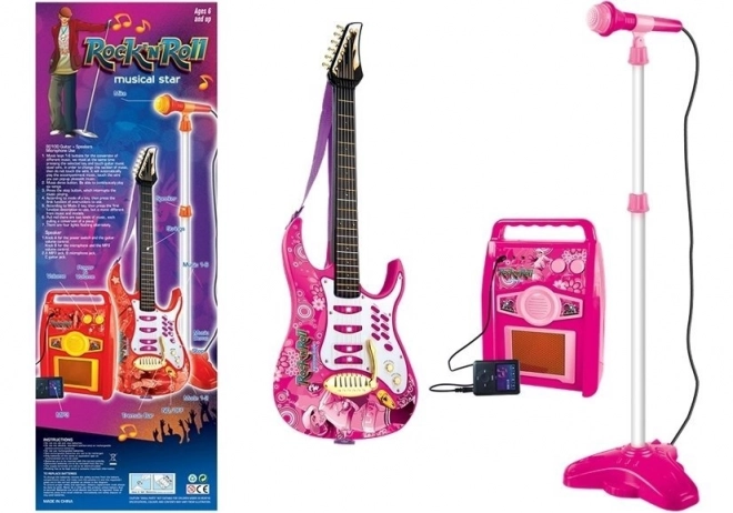 Pinkfarbene elektrische Gitarre mit Mikrofon und Verstärker für Kinder