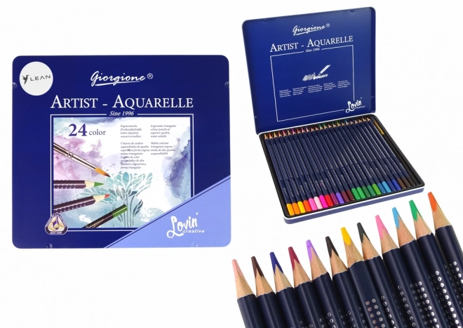 Set mit 24 Aquarellstiften im Metallbehälter