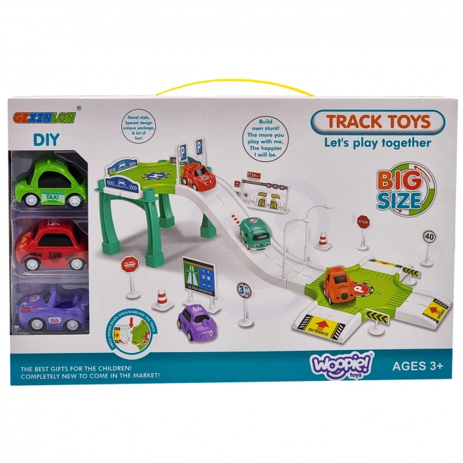 Woopie parkhaus mit tankstelle und spielzeugautos