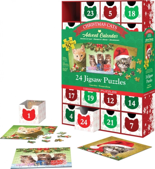 Adventskalender mit Eurographics-Puzzle 24 x 50 Teile – Weihnachten Katzen