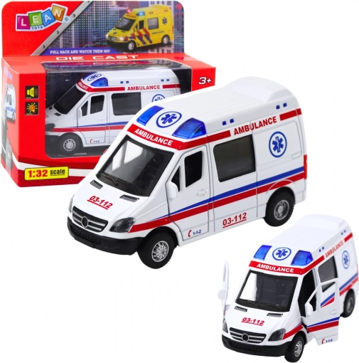 Metall-Ambulanz 1:32 mit Pull-Back-Antrieb, Licht und Sound – weiß