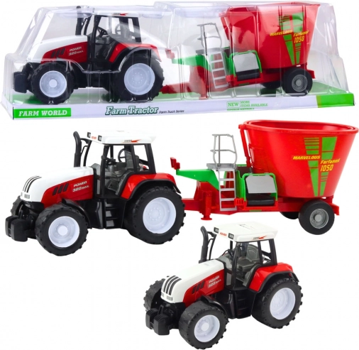 Roter Bauernhoftraktor mit Anhänger und Futtermischer 60 cm