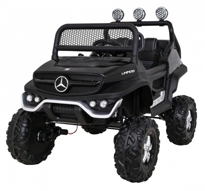 Mercedes Benz Unimog für Kinder schwarz + Antrieb 4x4 + Fernbedienung + Kofferraum + langsamer Start + MP3 LED
