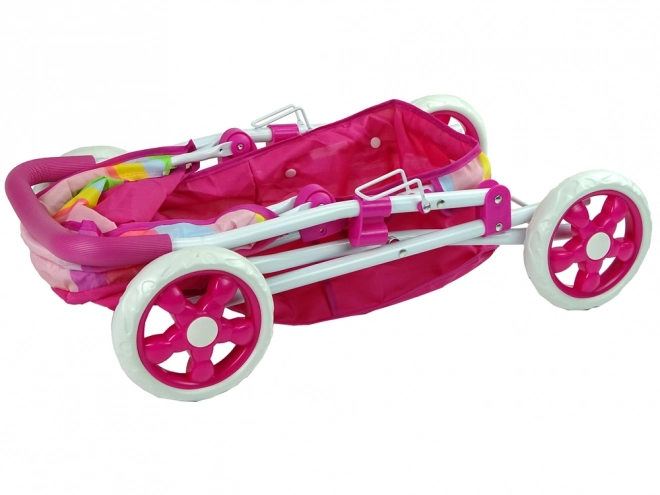 Puppenbuggy Rosa mit Bunt gestreiftem Verdeck