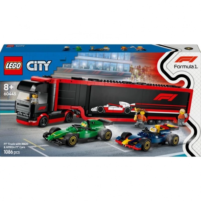 Lego City F1 Truck mit RB20 und AMR24 Rennwagen