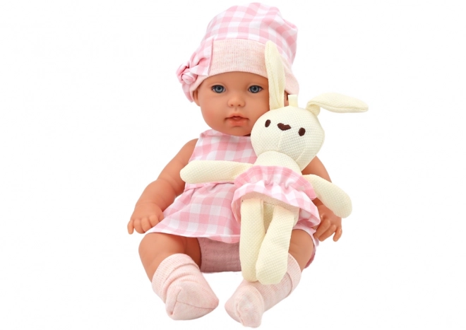 Baby Puppe mit Trage und Häschen in rosa kariertem Outfit