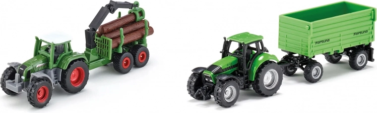 Zwei realistische Traktoren mit verschiedenen Anhängern