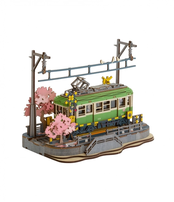 3D Holzpuzzle Japanische Straßenbahn mit Kirschblüten