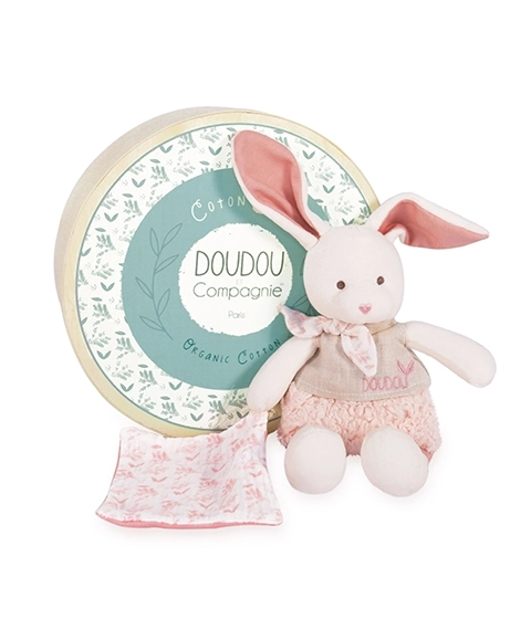 Doudou Geschenk-Set - Plüschhase Ecru mit rosa Bio-Baumwolldecke