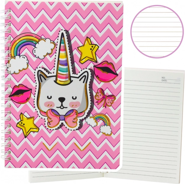Liniertes Notizheft Katze-Einhorn mit Schleife, rosa A5, 60 Blatt