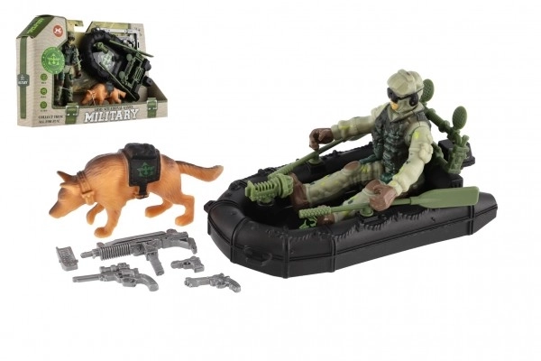 Militärspielset mit Boot, Soldat und Hund