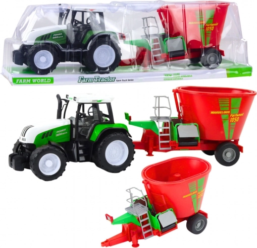 Grüner Traktor mit Anhänger und Futtermischwagen 60 cm