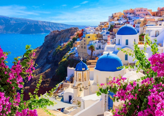 Puzzle Santorini mit Blumen, Griechenland 1000 Teile