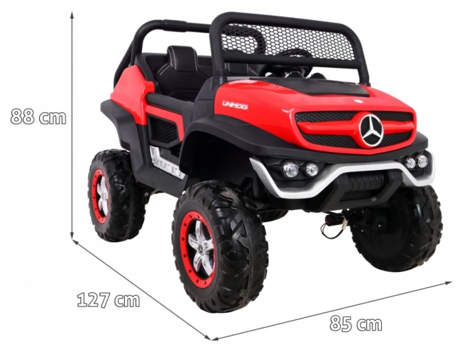 Mercedes Benz Unimog für Kinder Rot + 4x4 + Fernbedienung + Gepäckträger + sanfter Start + MP3 LED