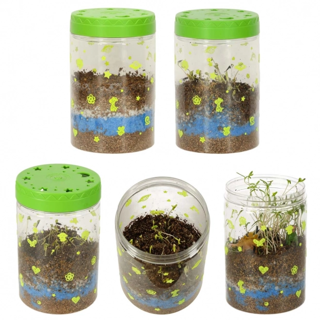 Terrarium zum Pflanzenanbau mit LED-Lampe und Dinosauriern
