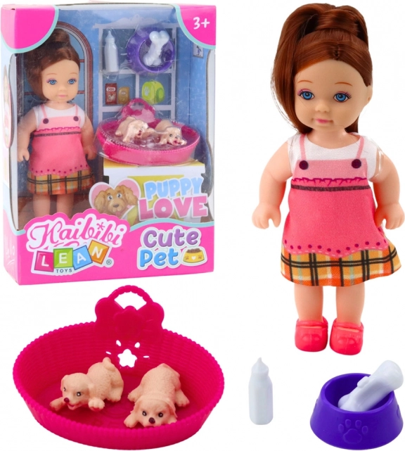 Mini-Puppe mit zwei Welpen und Zubehör