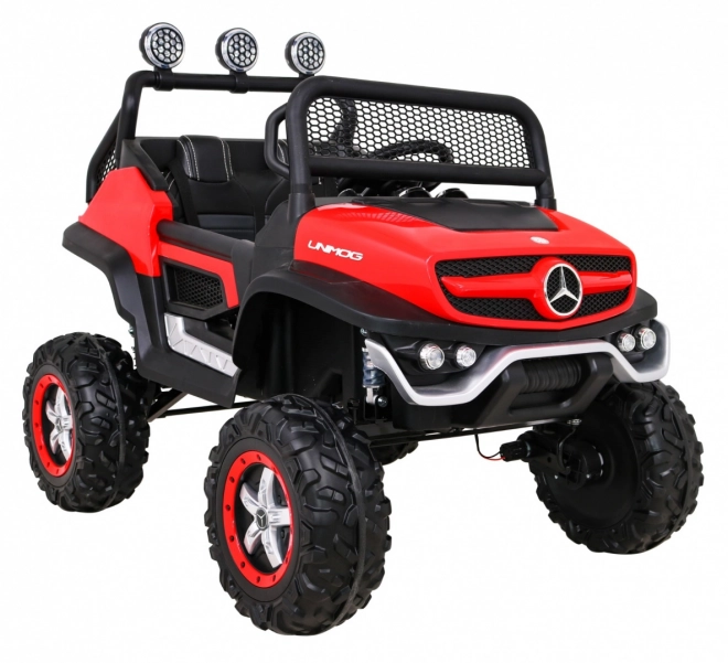 Mercedes Benz Unimog für Kinder Rot + 4x4 + Fernbedienung + Gepäckträger + langsamer Start + MP3 LED