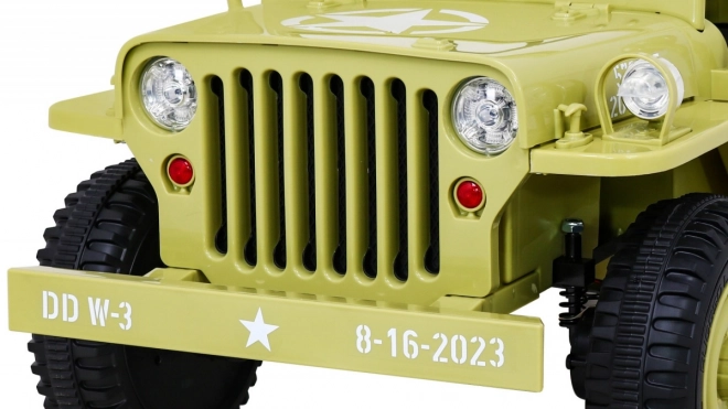Retro Militärfahrzeug für Kinder beige + Antrieb 4x4 + Fernbedienung + 2 Gepäckträger + langsamer Start + MP3 LED