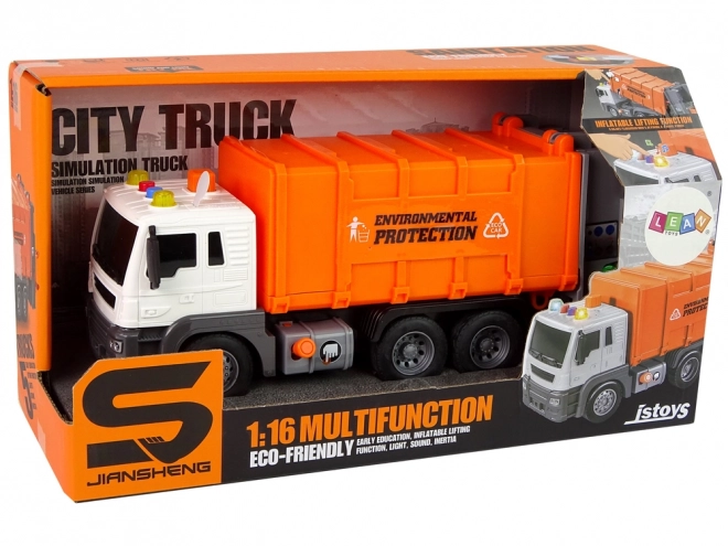 Friktionsbetriebener Müllwagen mit Soundeffekten, Orange, 1:16