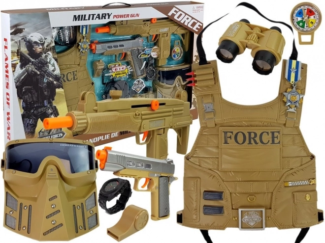 Militärisches Spielset mit Gewehr, Maske, Fernglas, Weste und Kompass