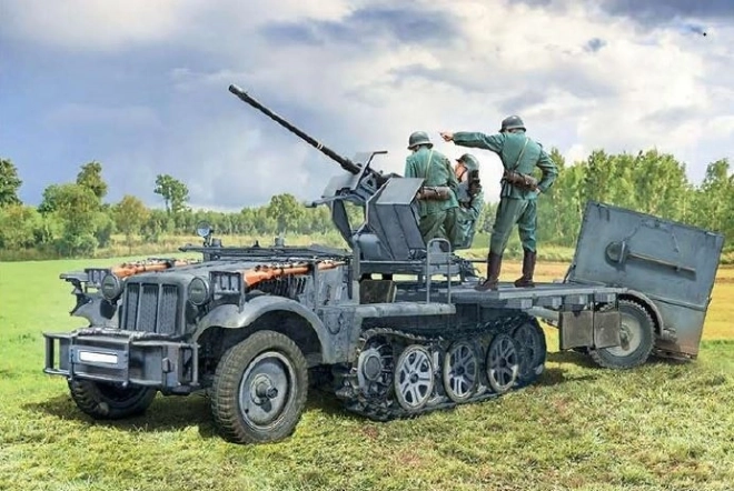 Modell des Militärfahrzeugs Sd.Kfz 10/4 mit Flak 30 und Besatzung 1/35
