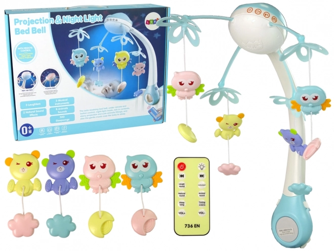Blaue Kinderbettkarussell-Projektor mit Melodien und Tiergeräuschen