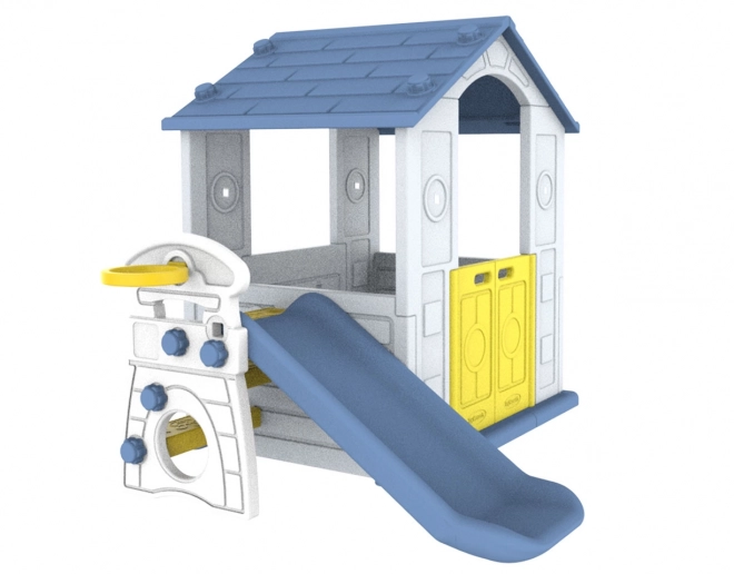 Gartenhaus 3-in-1 für Kinder mit blauem Dach, Rutsche und Basketballkorb