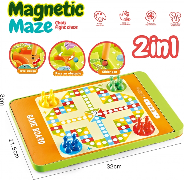 WOOPIE Magnetisches Labyrinth 2-in-1 Spiel Mensch ärgere dich nicht