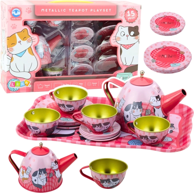 Metall-Teeservice für Kinder mit Katzenmotiv, rosa, 15 Stk.