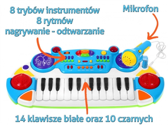 Blaues Musik-Set Keyboard + Trommeln + Mikrofon für Kinder ab 3 Jahren