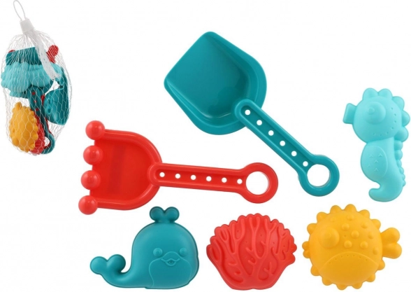 Plastik-Sandspielset für Kinder mit Schaufel, Harke und Förmchen im Netz