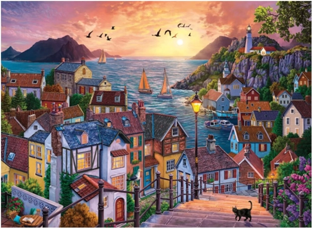 Puzzle Küstenstadt bei Sonnenuntergang 1000 Teile