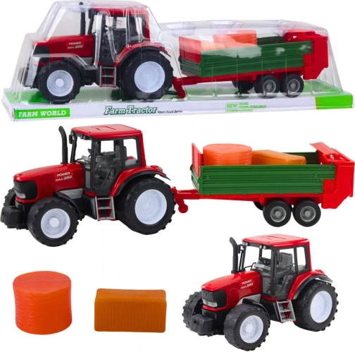 Traktor mit Anhänger und Heuballen, rot, 62 cm