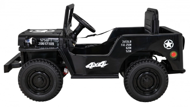 Retro Militärfahrzeug für Kinder schwarz + Allradantrieb 4x4 + Fernbedienung + 2 Gepäckträger + langsamer Start + MP3 LED
