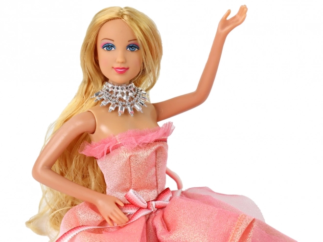 Puppe für Kinder Lange blonde Haare Kleiderschrank Schuhe Kleider Zubehör Rosa