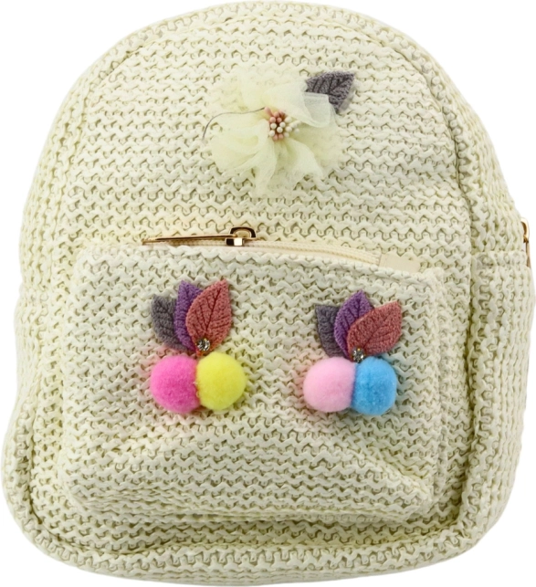 Kinder Rucksack cremefarben mit Stickerei und bunten Pompons