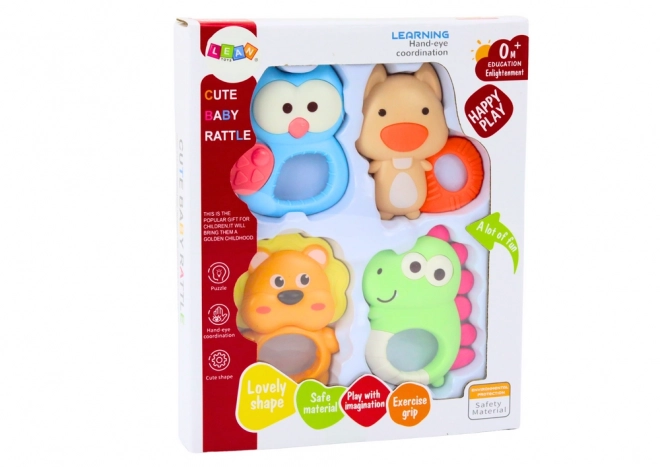 Tierische Rasseln und Beißringe Set - Bunte Pastellfarben, 4er Set