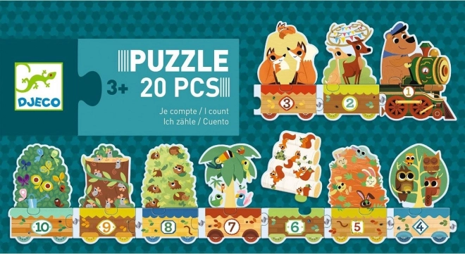 Djeco Puzzle Zug mit Tieren und Zahlen, 20 Teile