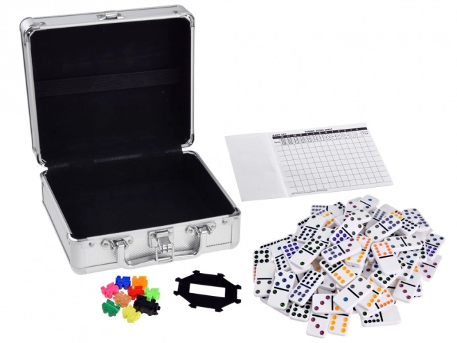 Zwei-in-eins Domino- und Mexican Train Set im Metallkoffer