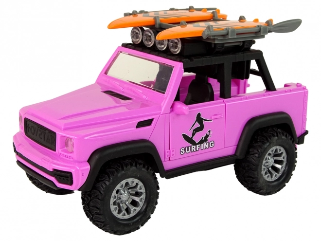 Rosa Geländeauto mit Friktionsantrieb und Surfbrett