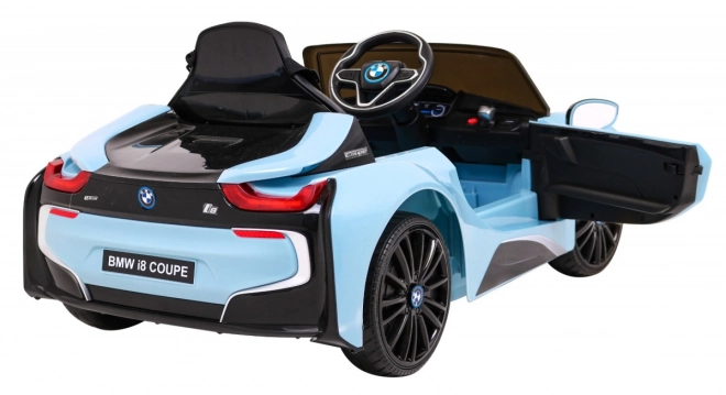 BMW I8 Lift Batterie Auto Blau + Fernsteuerung + langsamer Start + 3-Punkt-Gurte + MP3 USB + LED-Diode