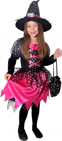 Kinderkostüm Hexe Schwarz-Pink mit Sternchen