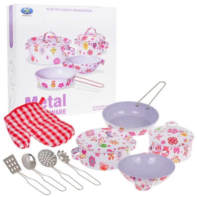 Koch-Set aus Metall für Kinder mit Blumenmotiv