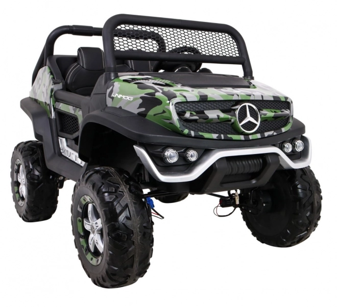Mercedes Benz Unimog für Kinder Farbe Moro + 4x4 + Fernsteuerung + Gepäckträger + kostenloses Starten + Radio MP3 + LED-Diode
