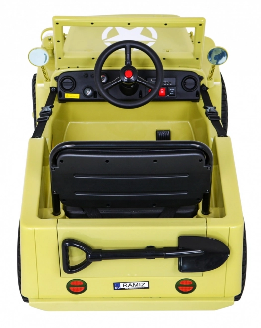 Retro Militärfahrzeug für Kinder beige + Antrieb 4x4 + Fernbedienung + 2 Gepäckträger + langsamer Start + MP3 LED